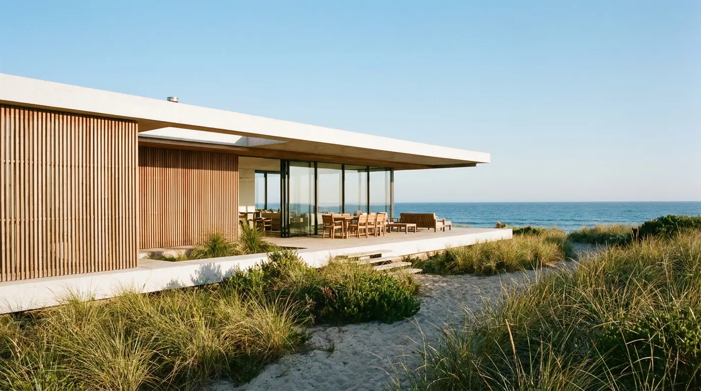 modern beach house with white exterior, wood accents, large windows, ocean view, and coastal landscaping