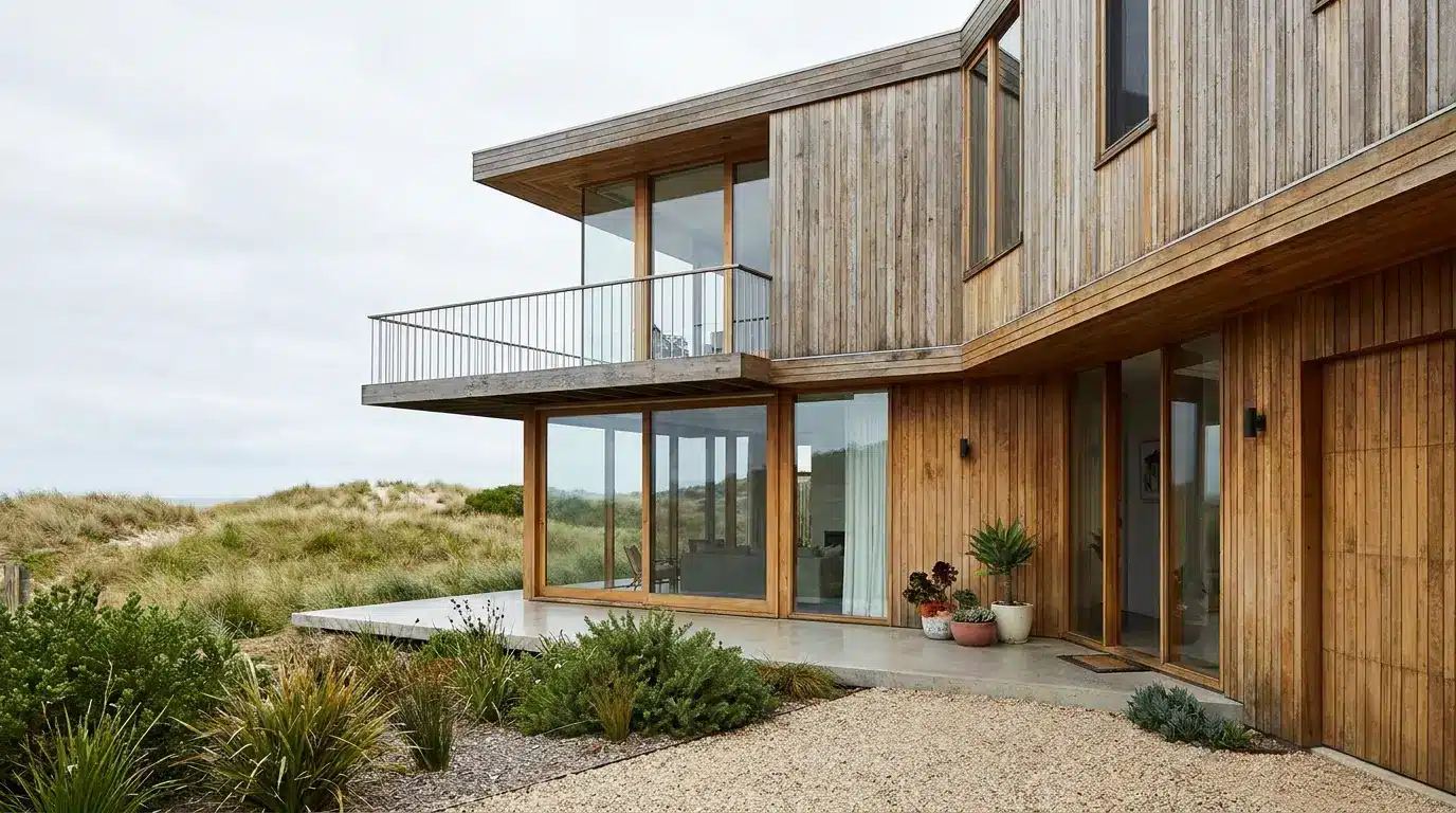 modern wood and glass beach house with large windows, balcony, dunes, and warm coastal architecture