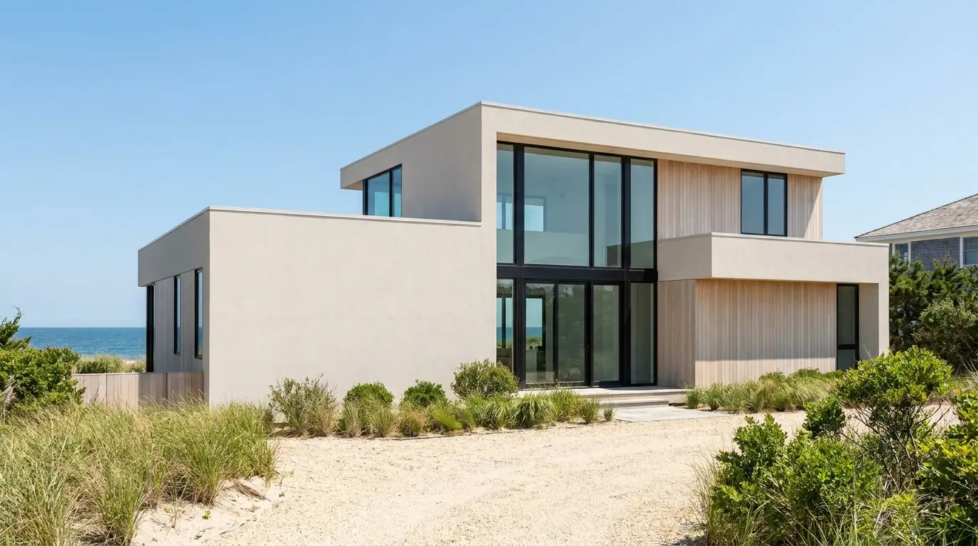 coastal beach house with black-framed windows, pale walls, clean contrast, and modern curb appeal