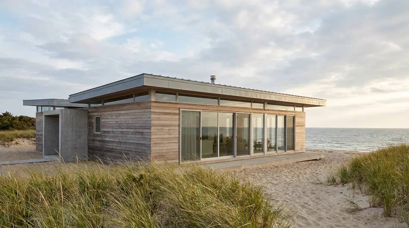 modern beach house with flat roof, boxy shape, large windows, beach grass, and clean coastal form