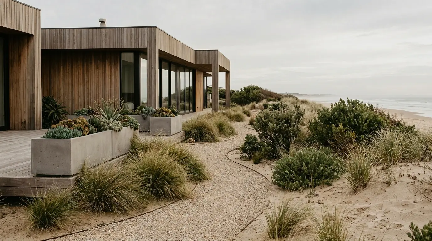 modern beach house with dune grass, gravel path, native coastal plants, and simple landscaping