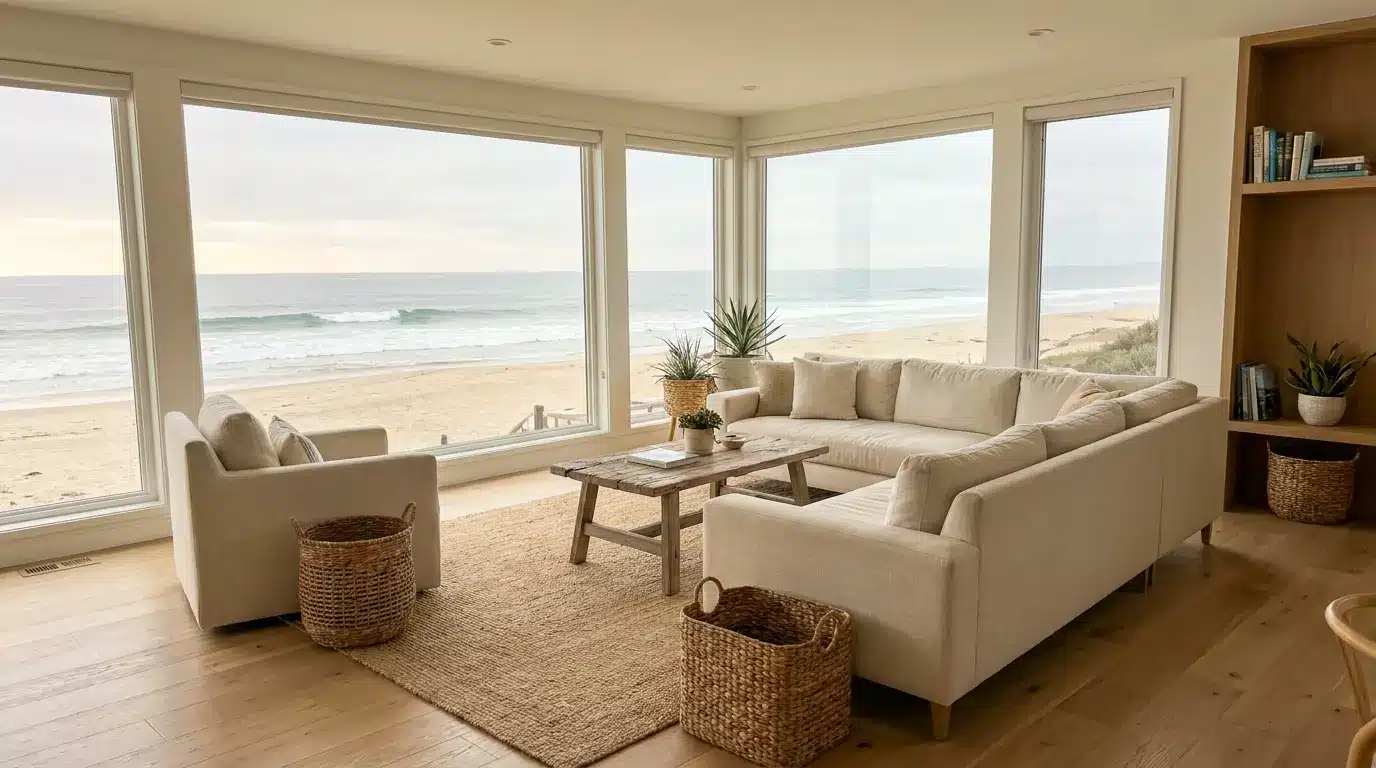 open modern beach house living room with low seating, ocean-view windows, and bright coastal light