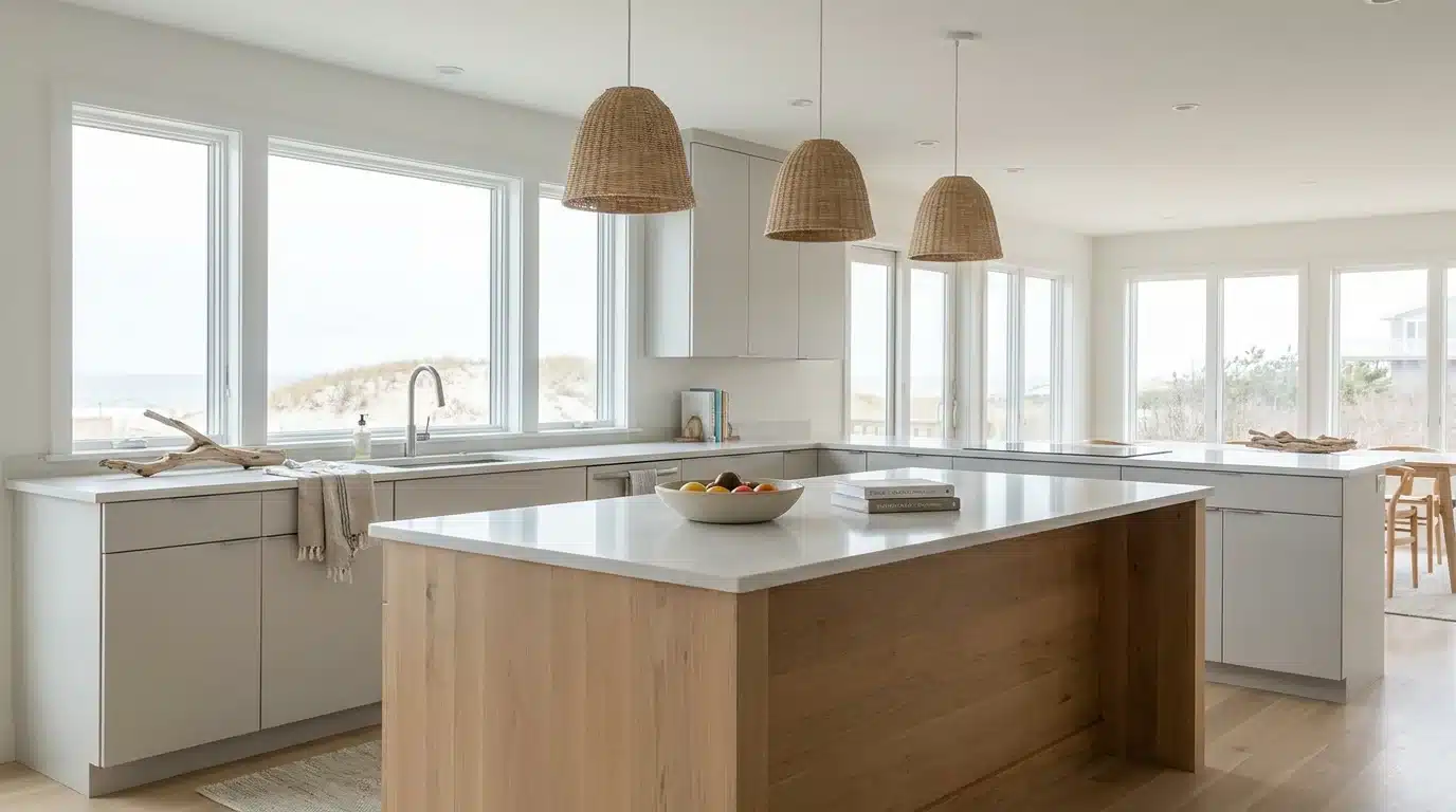 modern coastal kitchen with large island, flat cabinets, pale counters, and bright natural light