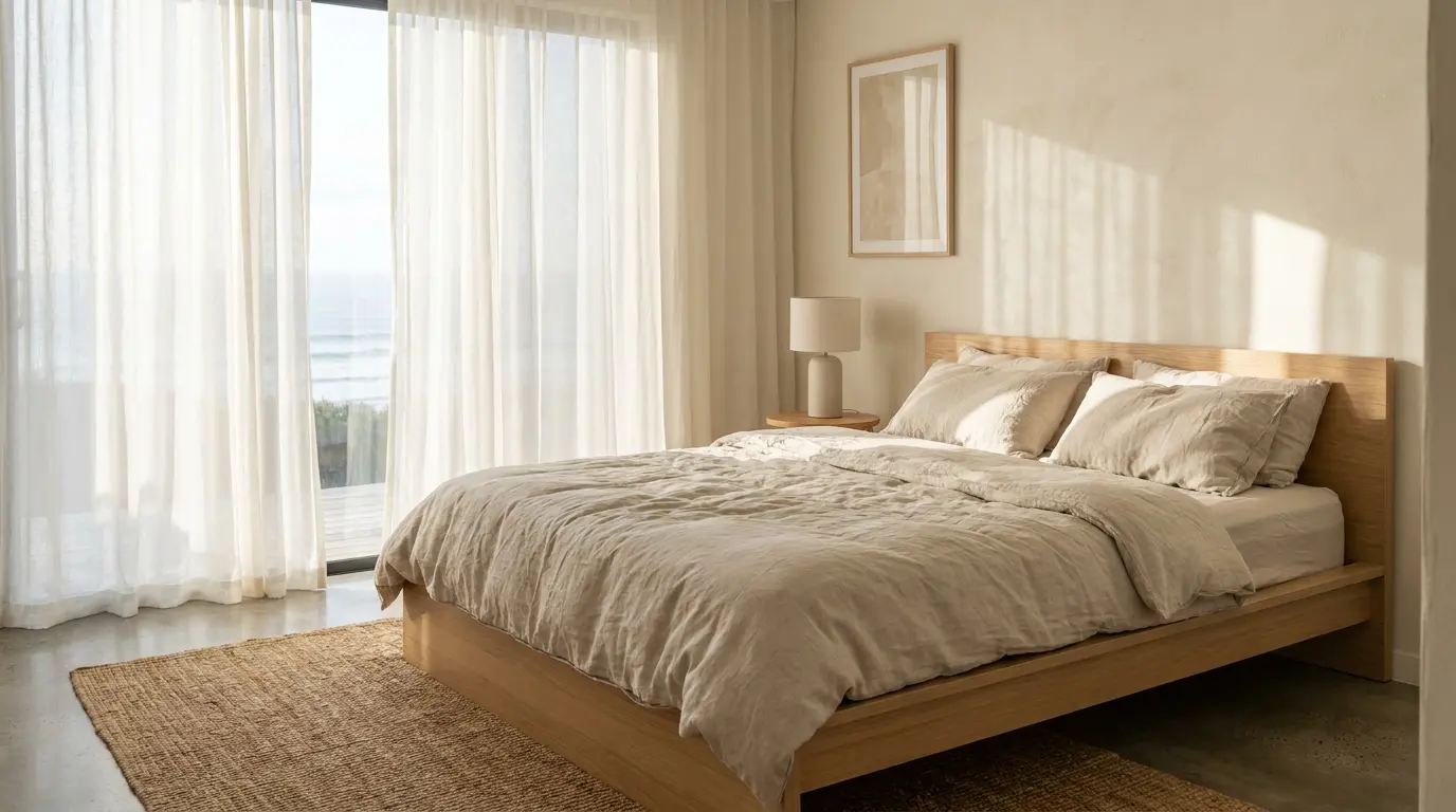 calm beach house bedroom with linen bedding, light wood furniture, sheer curtains, and soft light