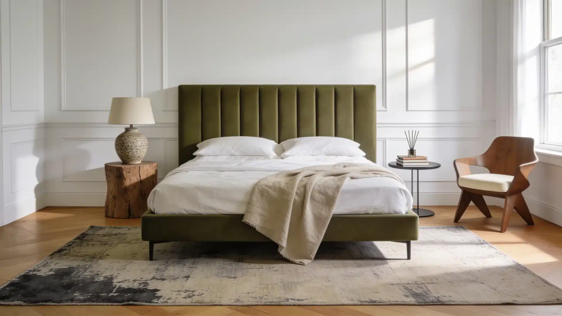 modern bedroom with olive green upholstered bed white panel walls hardwood floor and large area rug