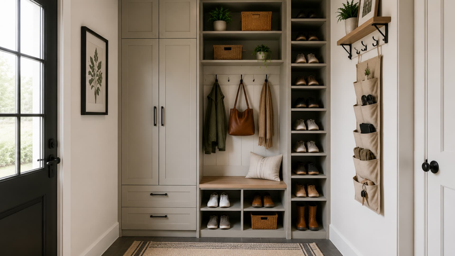 modern built in mudroom with bench seating hooks shoe storage shelves baskets and coat organization