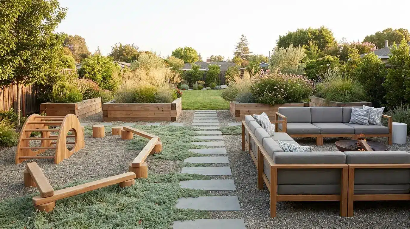 modern children’s play zone with timber elements, soft groundcover, gravel, and flexible seating outside