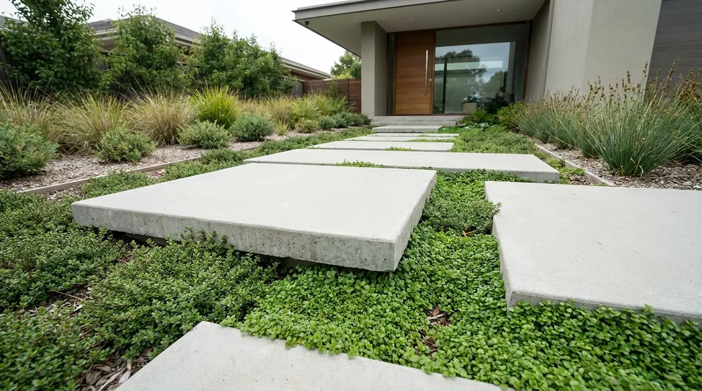 modern concrete pathway with green groundcover gaps leading through a clean front garden entry and plants