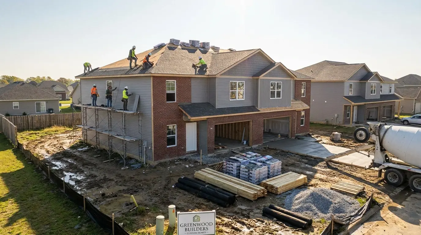 modern duplex exterior construction with roofing, siding installation, driveway, and landscaping work
