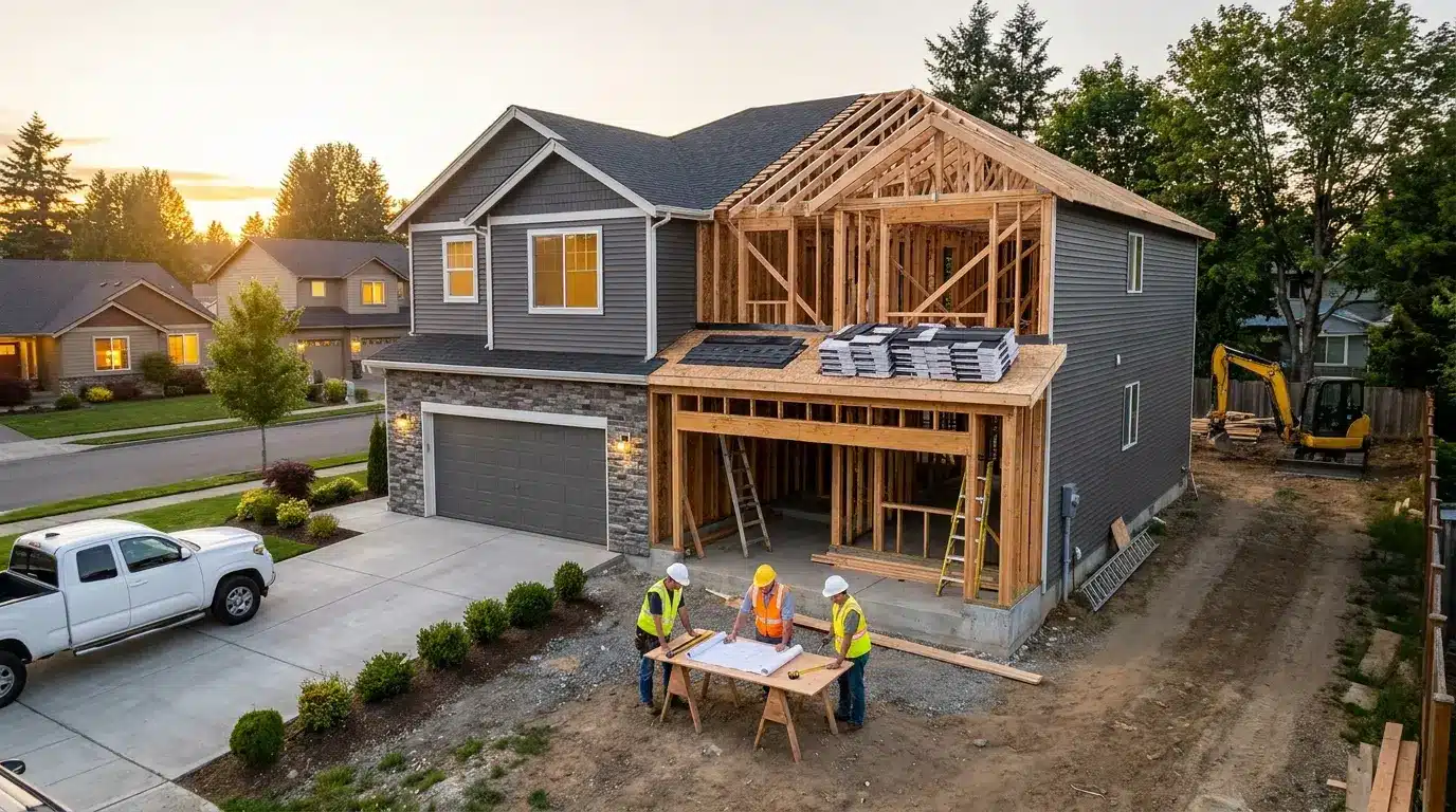 modern duplex home under construction with side-by-side units, garages, framing, and building materials