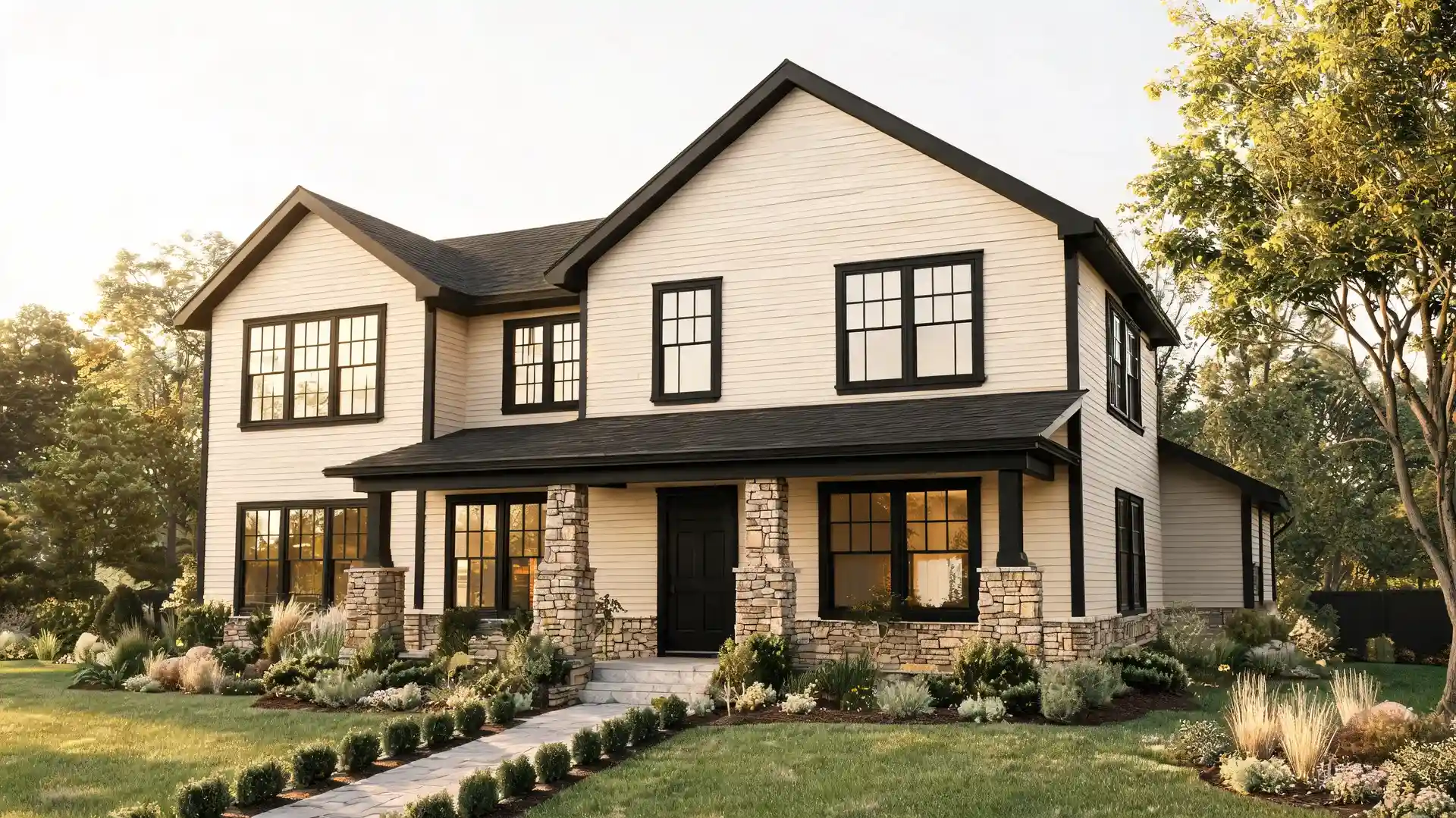 modern farmhouse exterior in pale oak benjamin moore with black windows landscaped yard and stone accents