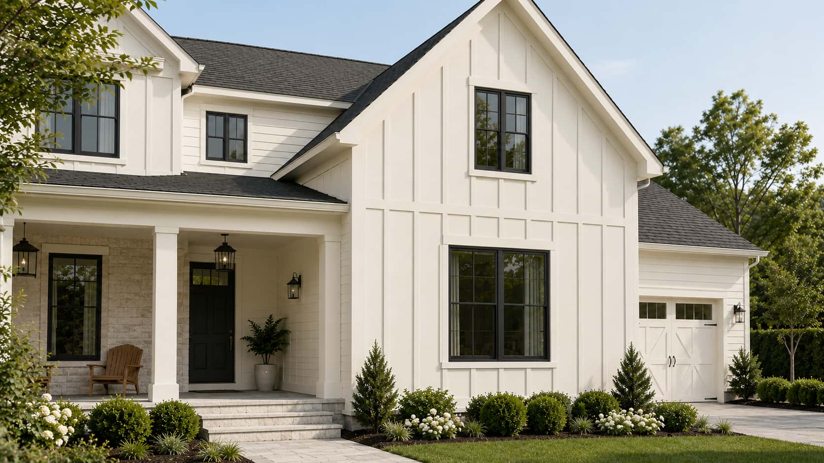 modern farmhouse exterior painted in sherwin williams white duck with black windows and warm landscaping