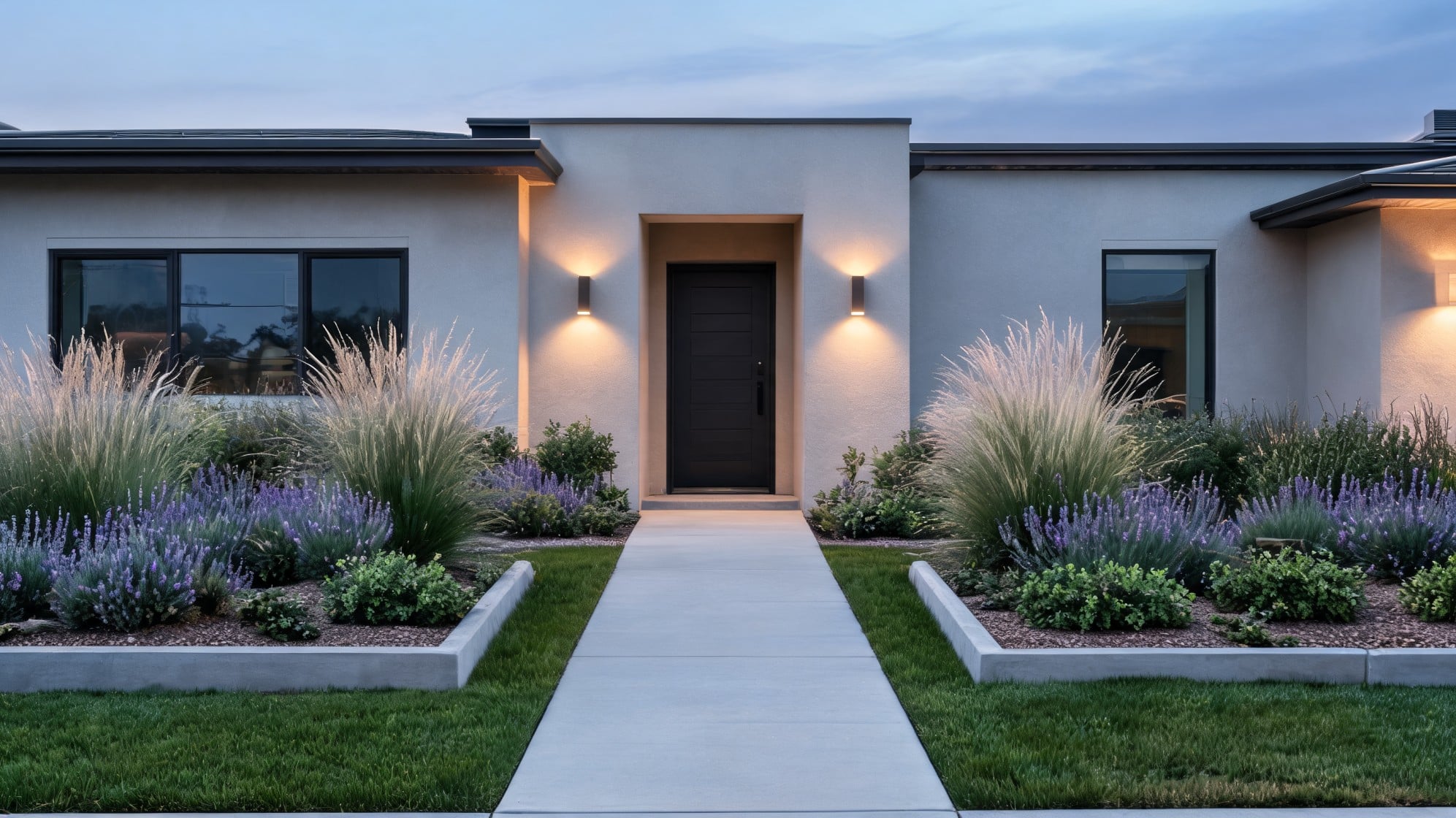 front lawn ideas with modern entry path ornamental grasses lavender plants raised beds and warm house lights