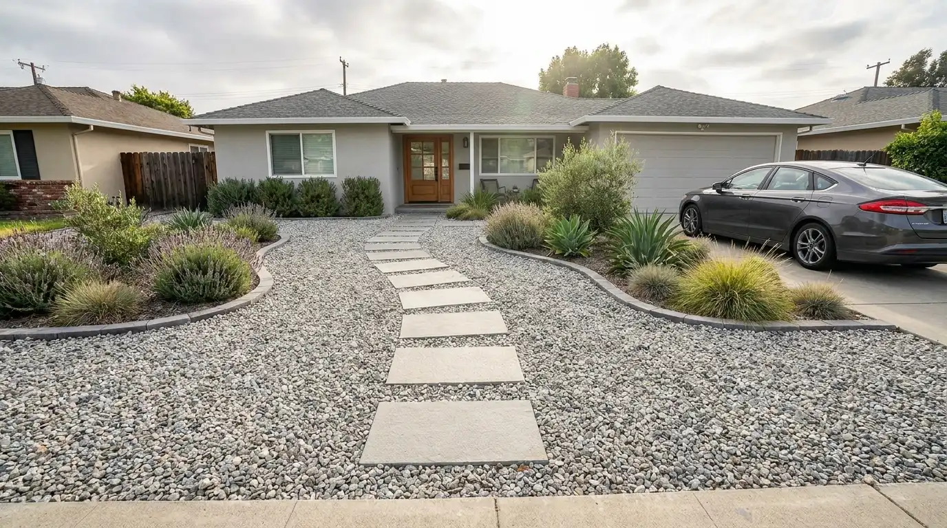 modern front yard with compact gravel landscaping, stepping stones, drought-tolerant plants, and clean low-maintenance residential design