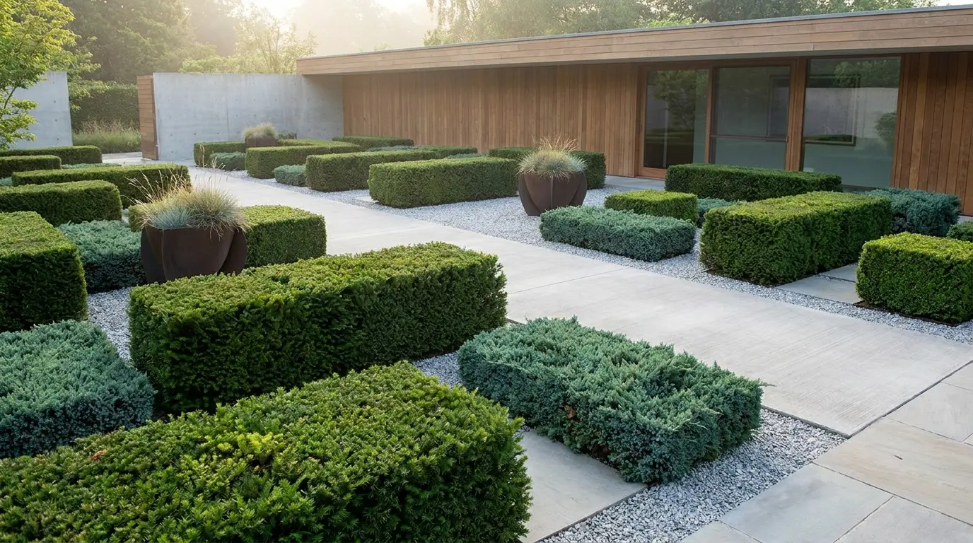 modern garden with geometric evergreen hedges, clean paths, repeated shapes, and structured planting