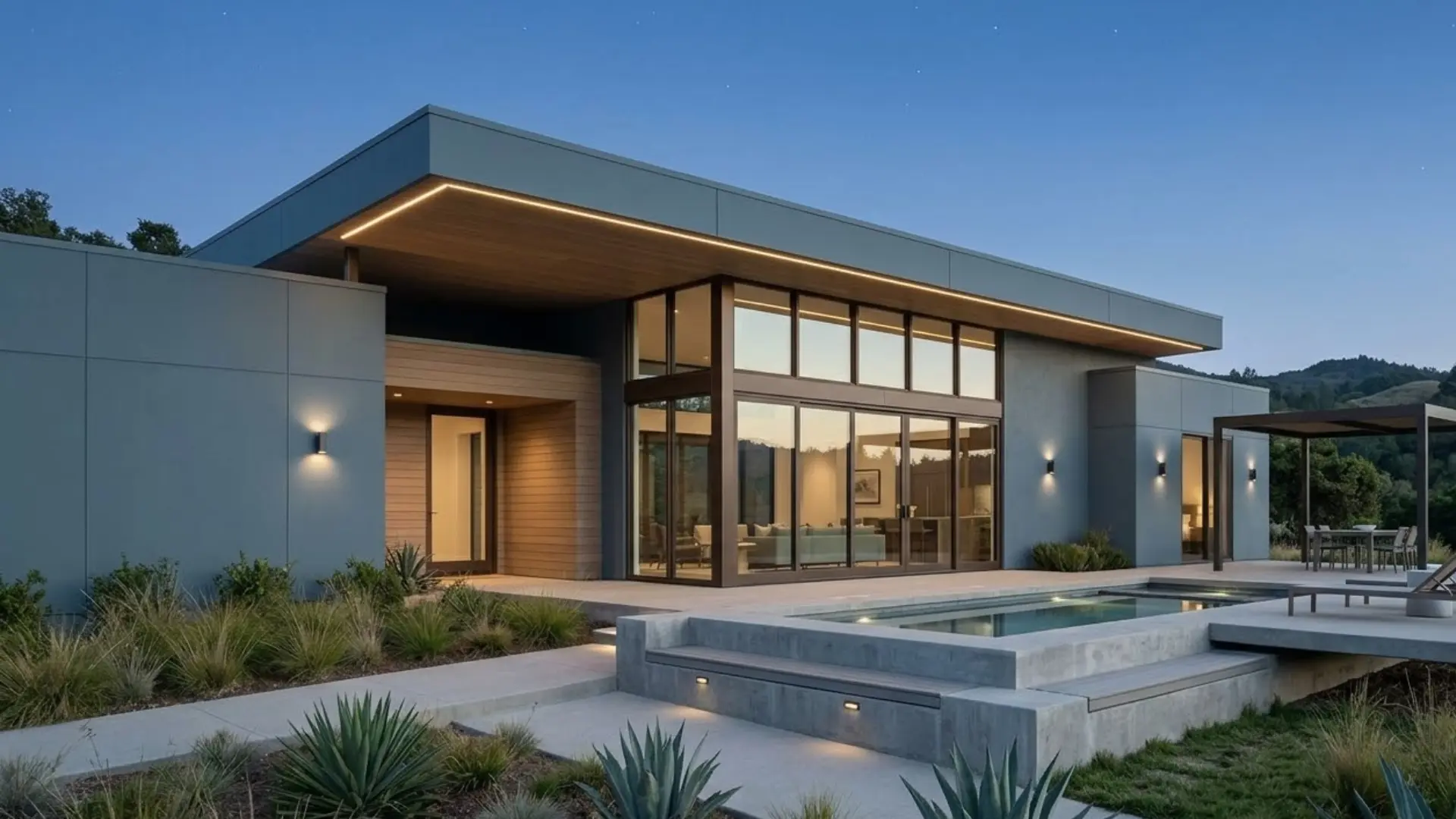 Modern home exterior with Smoky Blue SW 7604 siding, large glass windows, concrete pool and warm lighting