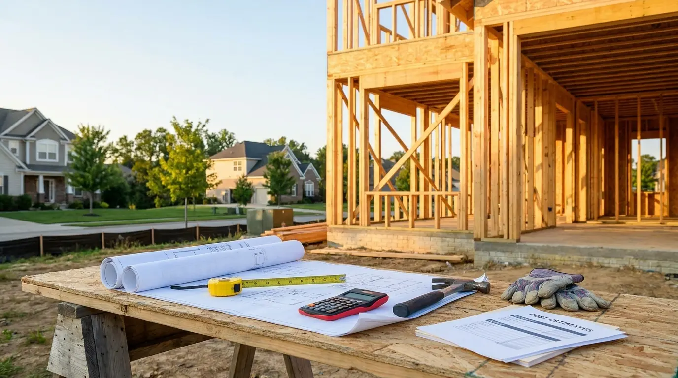 modern house under construction with blueprints, calculator, and cost documents for home-building budget planning