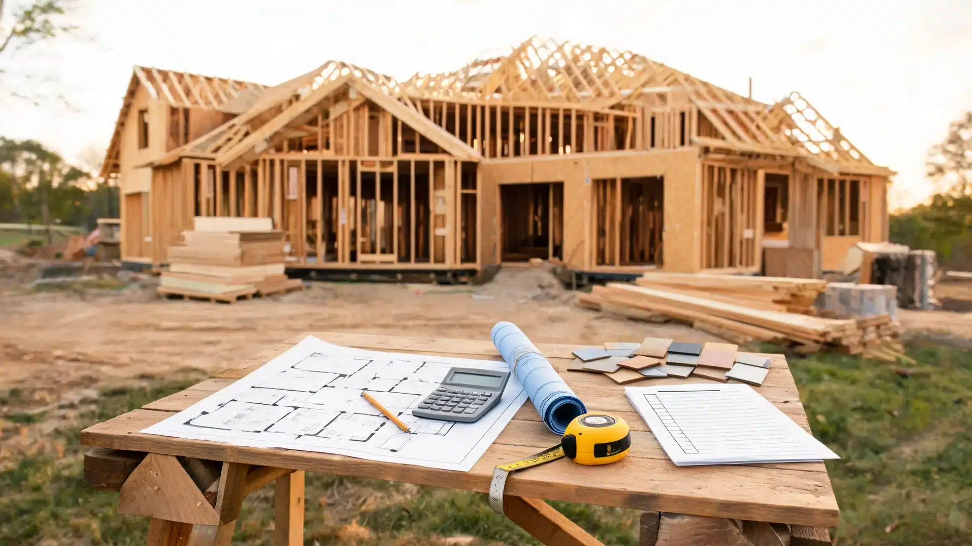 modern house under construction with floor plan, calculator, and blueprint showing home building costs planning