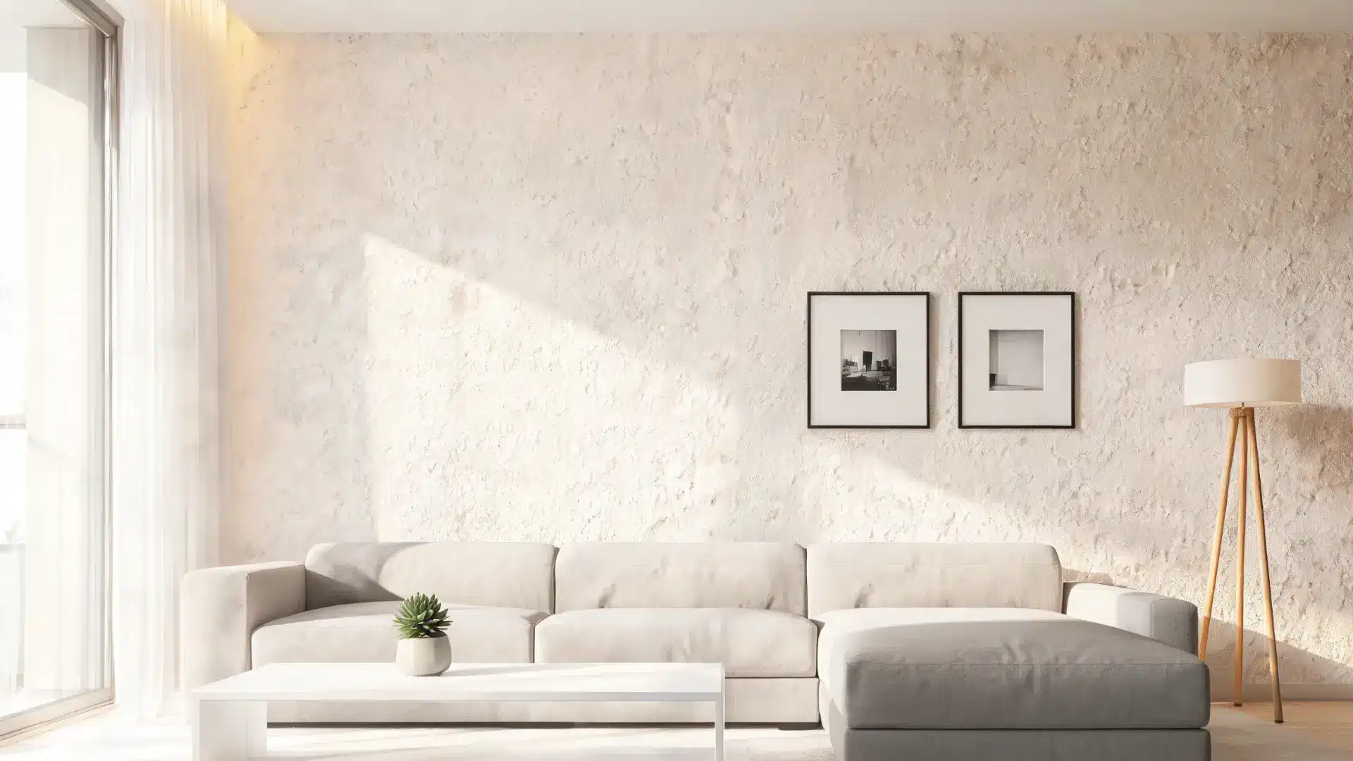modern living room wall with knockdown drywall texture, soft lighting, and minimalist contemporary décor