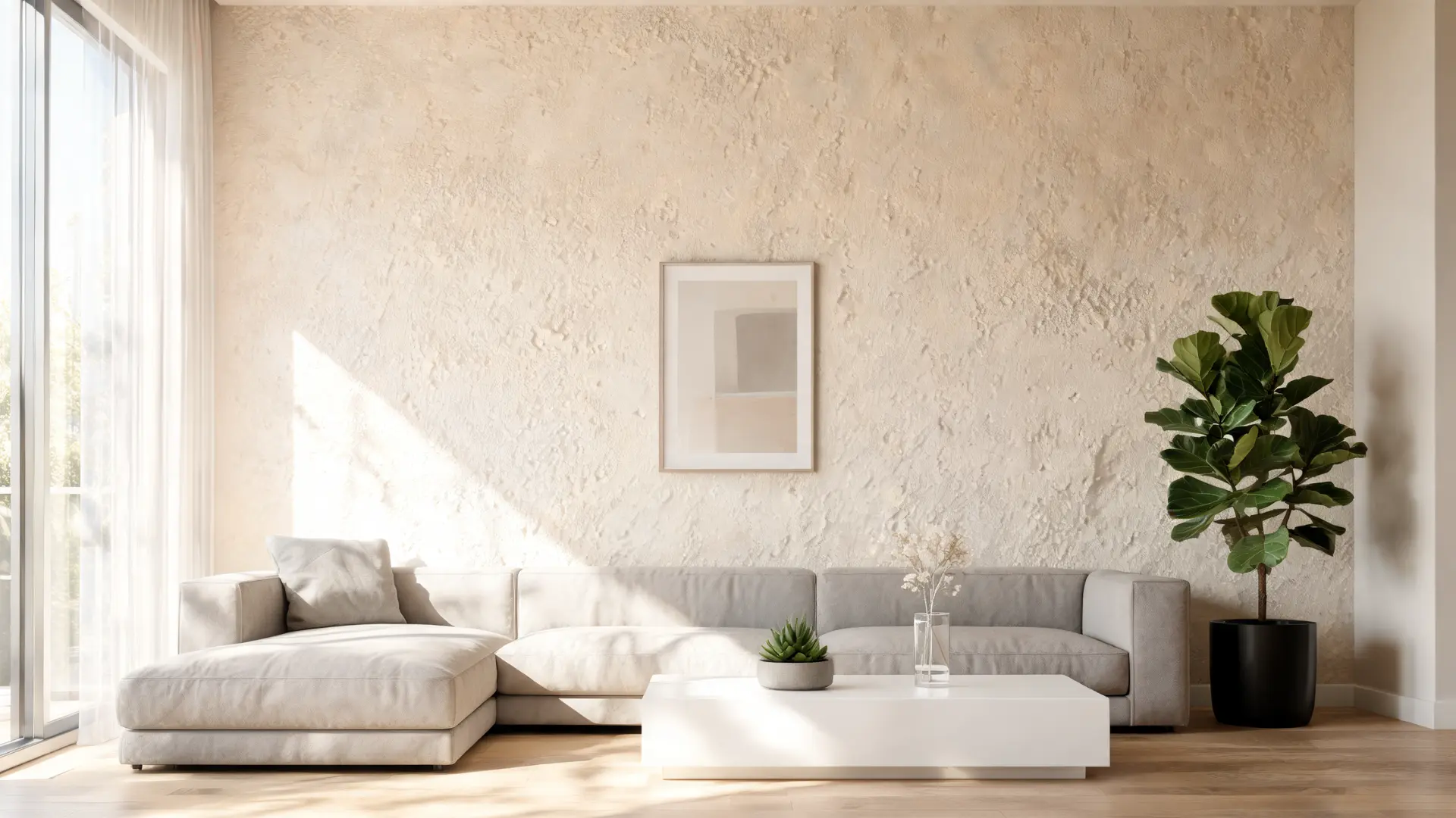 modern living room wall with light knockdown drywall texture, neutral colors, and contemporary furniture