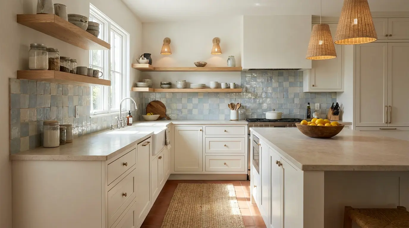 modern mediterranean kitchen with handmade tile warm cabinets and oak accents