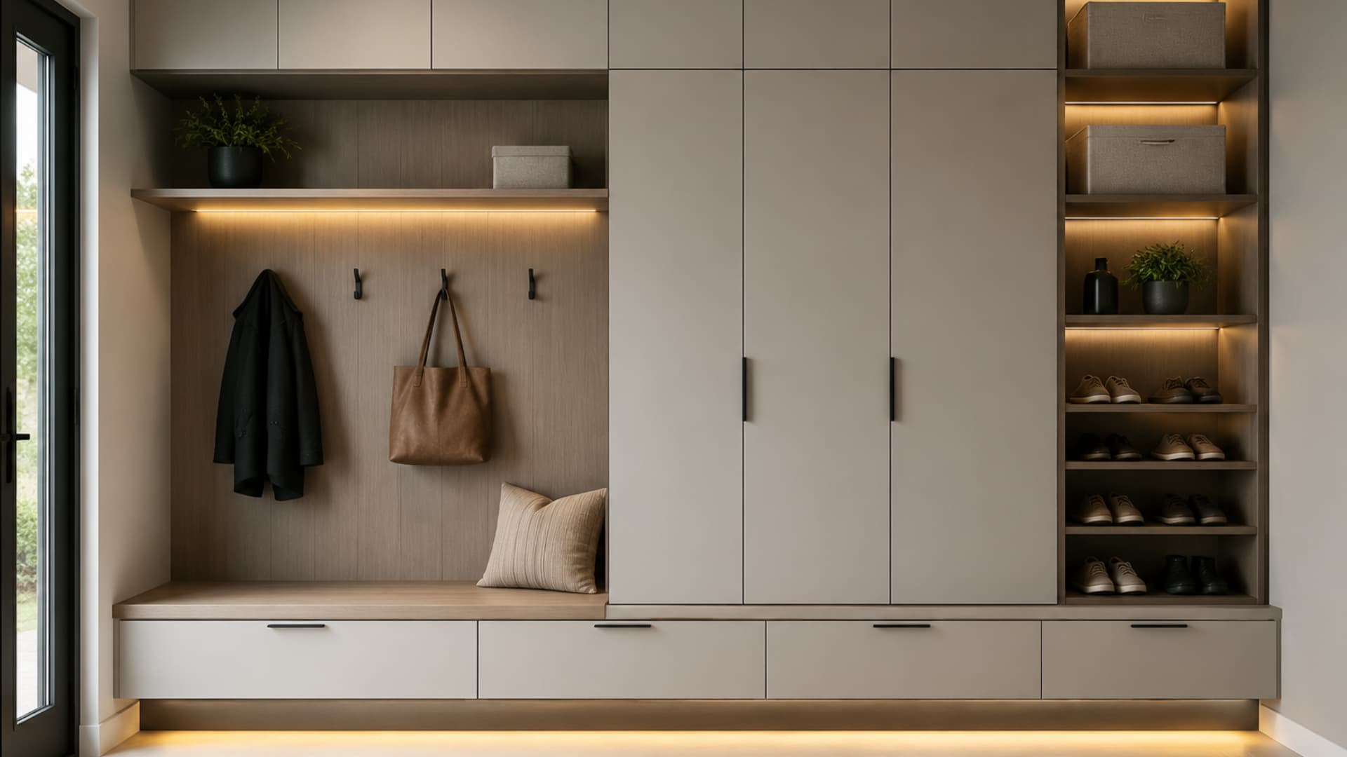 modern mudroom with built in storage bench hooks shoe cabinets and warm lighting clean minimalist design