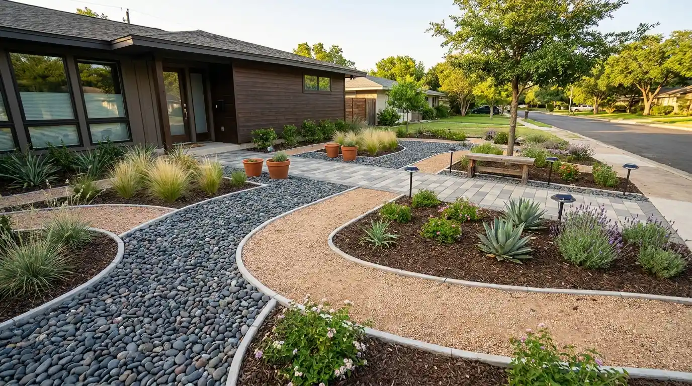 modern no-grass front yard with gravel, stone pathways, mulch beds, and drought-friendly low-maintenance landscaping