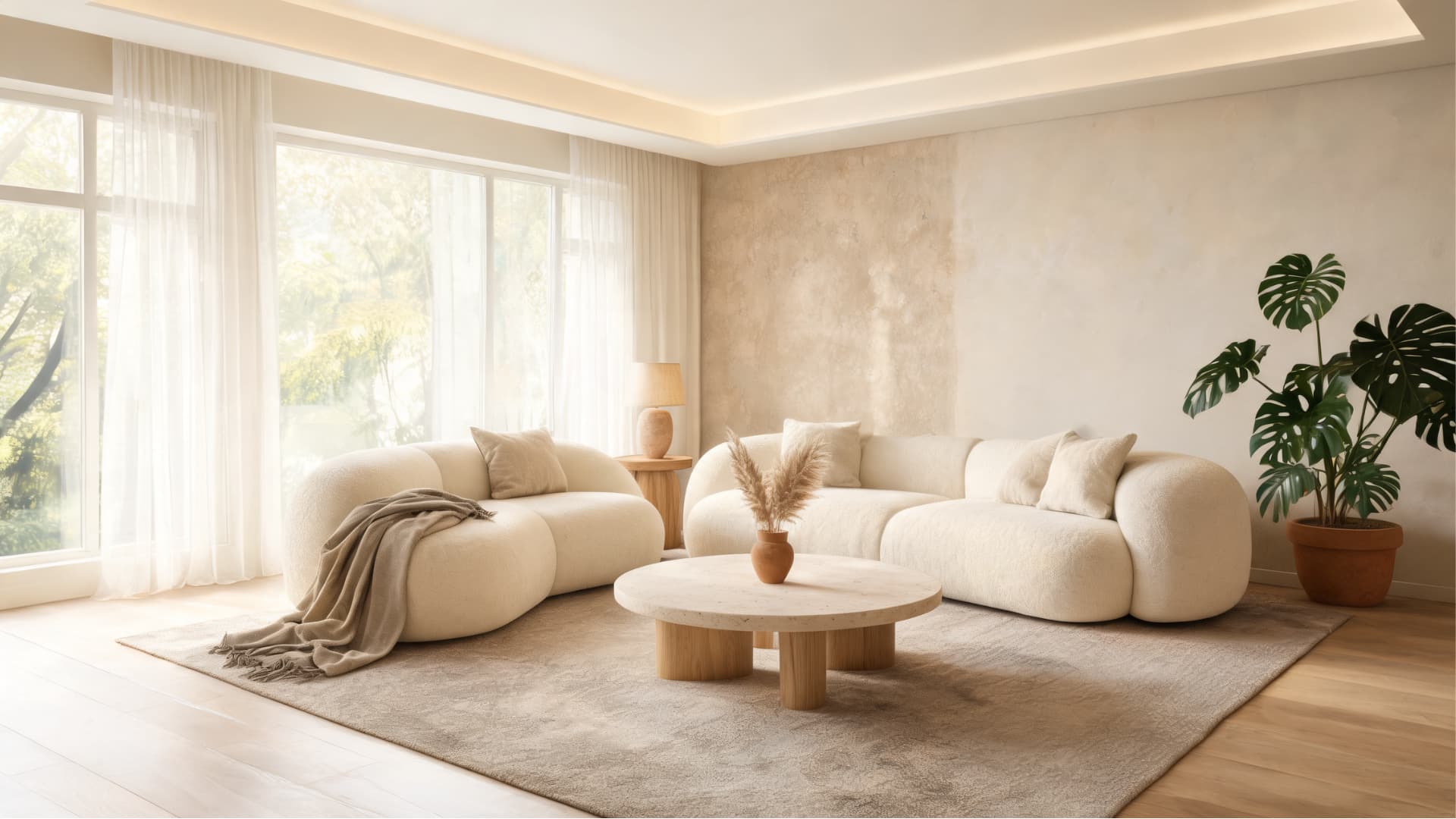 modern organic living room with curved sofa, soft neutrals, textured walls, wood accents, and plants