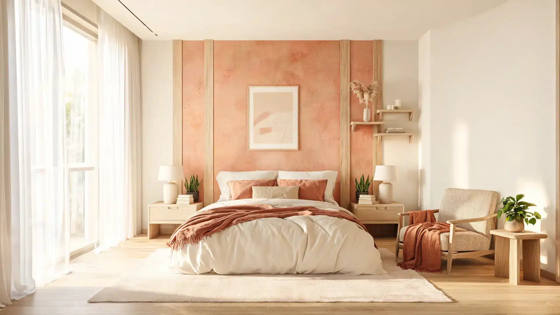 modern room with a tasteful accent wall, coordinated furniture, warm lighting, and textured wall details