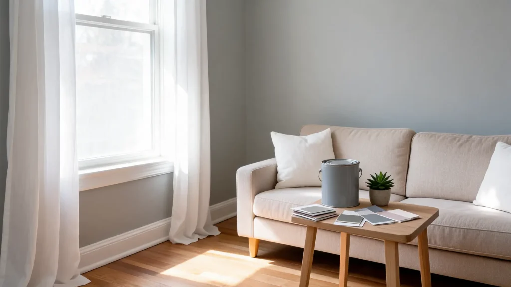 modern room with benjamin moore gray owl-inspired light gray walls, white trim, wood floors, neutral furniture, and paint samples for a color review blog