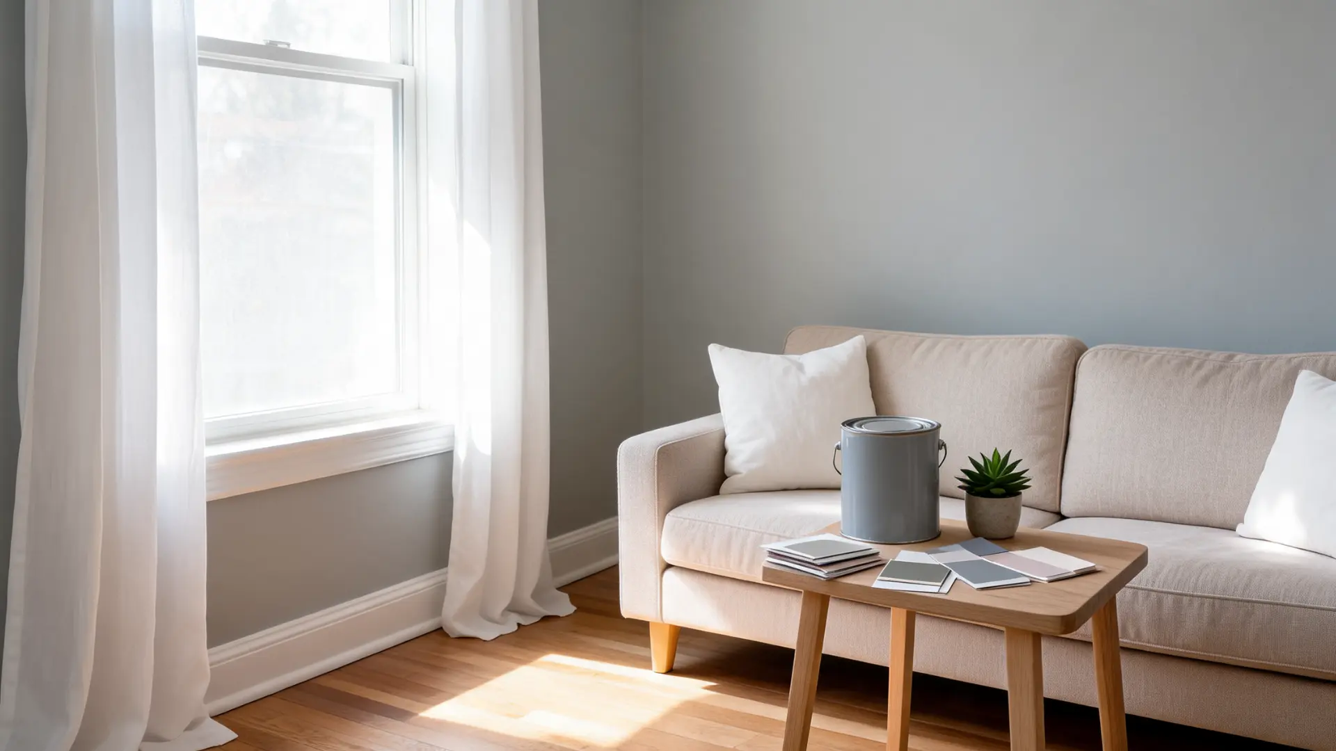 modern room with benjamin moore gray owl-inspired light gray walls, white trim, wood floors, neutral furniture, and paint samples for a color review blog