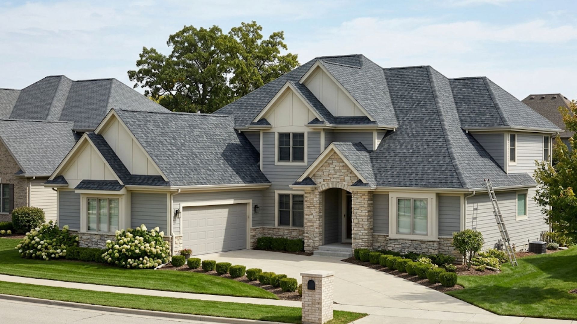 modern suburban house featuring a gray architectural shingle roof that provides a dimensional, textured appearance and enhanced curb appeal