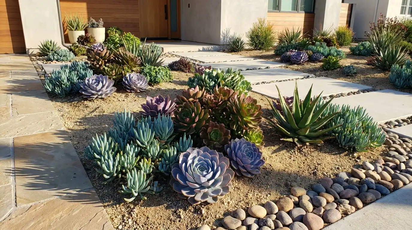 modern succulent front yard with drought-tolerant plants, sandy soil, decorative stones, and colorful low-water landscaping design