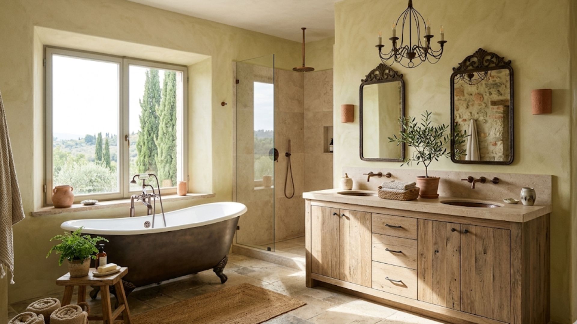 modern Tuscan bathroom with a freestanding tub, weathered wood vanity, wrought iron chandelier, and natural stone tile flooring