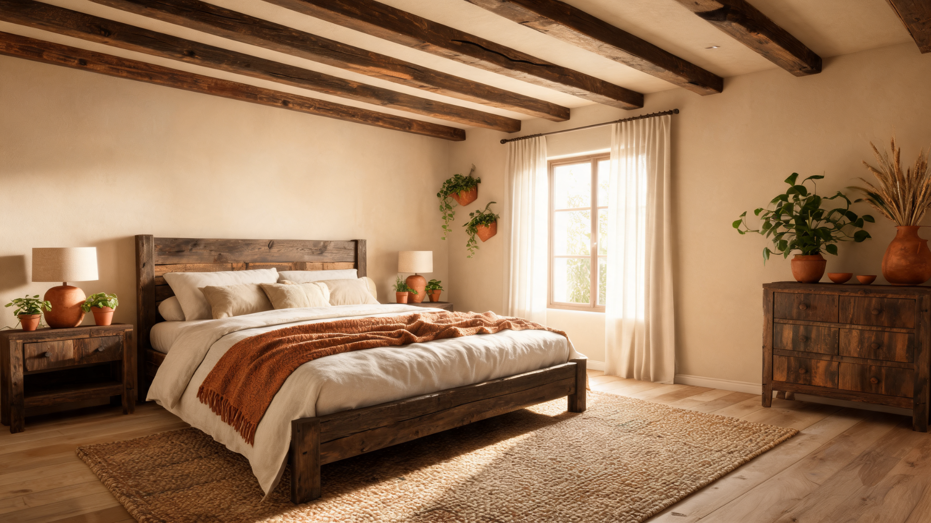 modern tuscan interiors bring soft neutrals, wood beams, linen bedding, and cozy texture to bedrooms