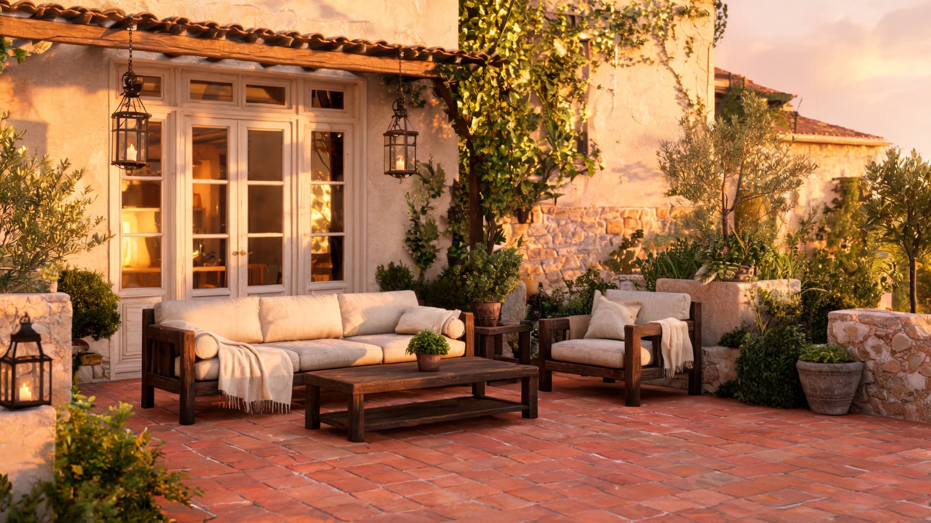 modern tuscan interiors flowing outdoors with terracotta tiles, vines, lanterns, and relaxed seating