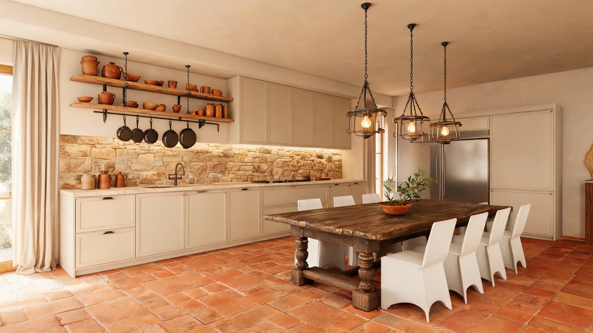 modern tuscan interiors with stone counters, terracotta floors, and rustic dining charm