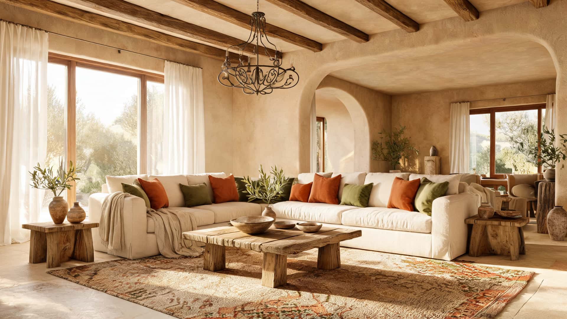 modern tuscan interiors with warm textures, rustic wood, arches, and soft neutral style