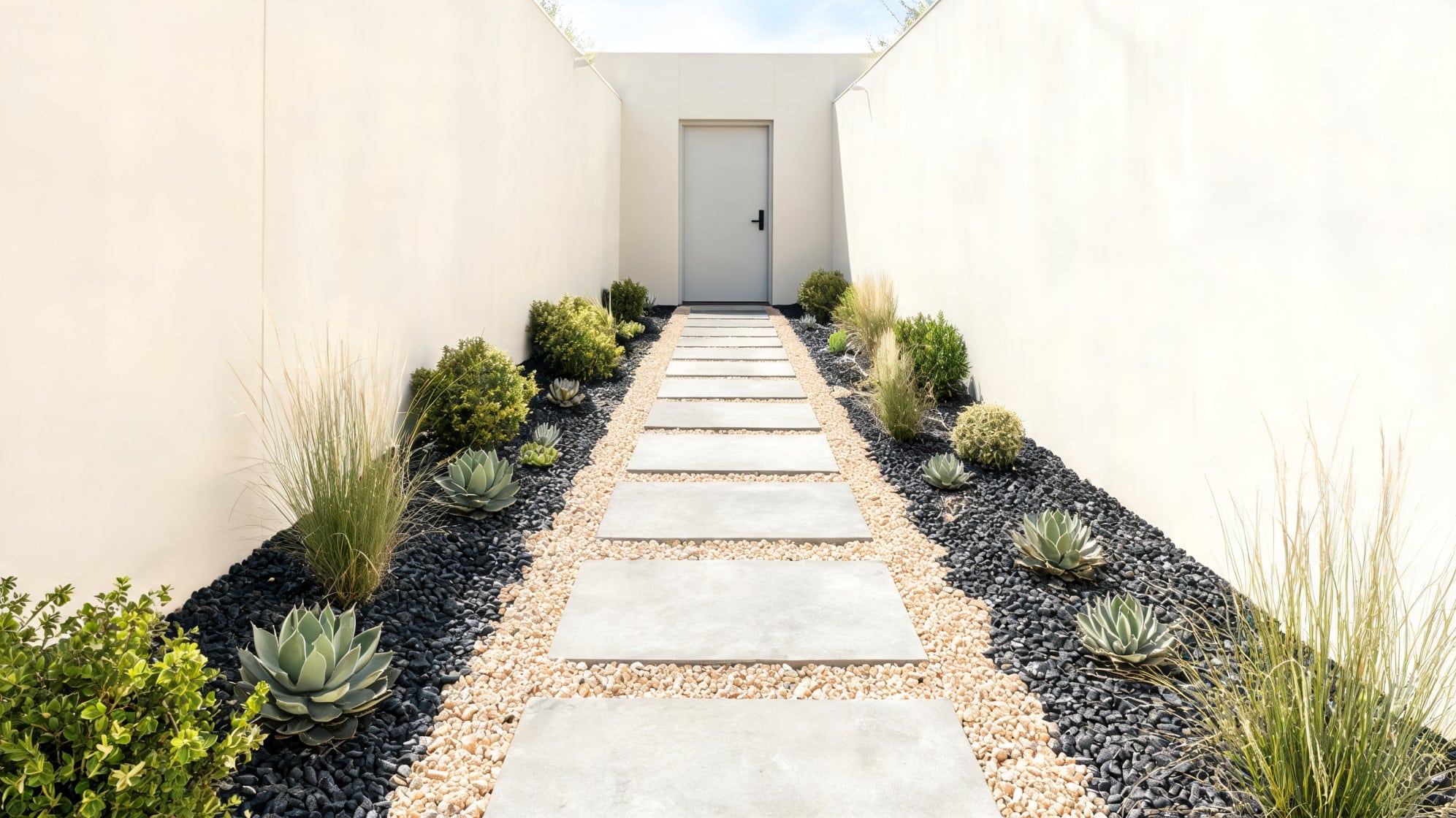 front lawn ideas with concrete slab walkway black gravel beds succulents grasses and clean white walls