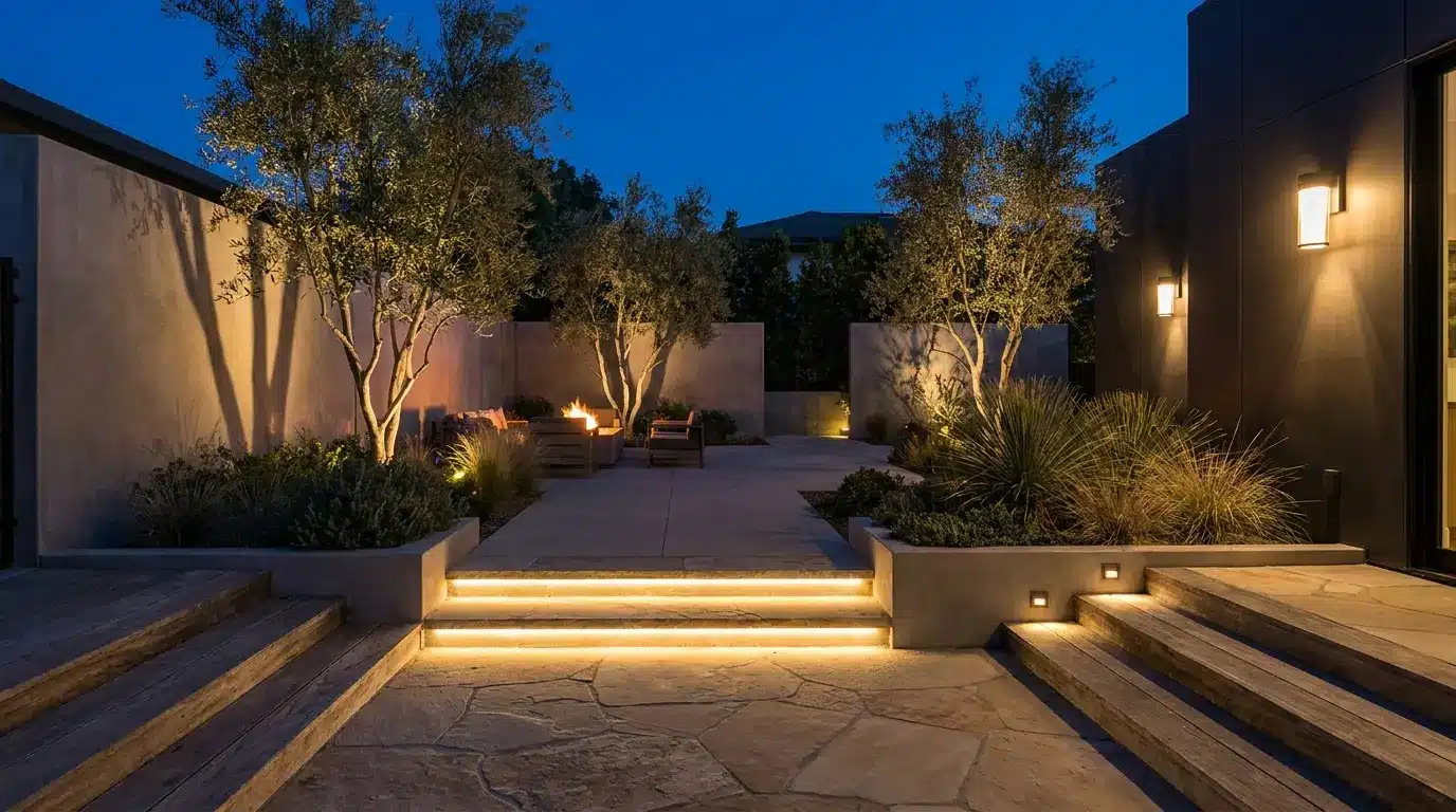 modern yard at night with path lights, tree uplights, step lighting, and warm glowing surfaces near plants