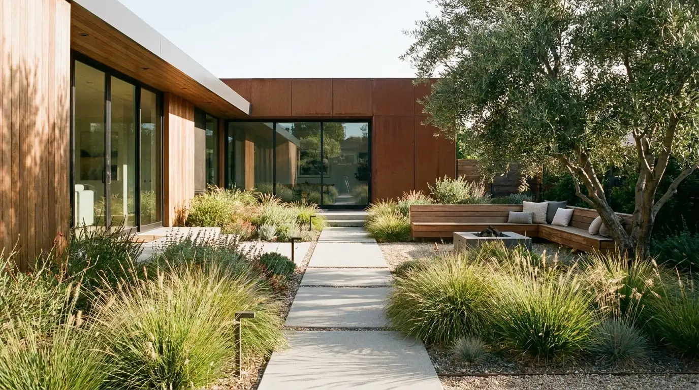 modern yard with stone path, grasses, seating, warm wood, gravel, and corten steel beside a sleek home