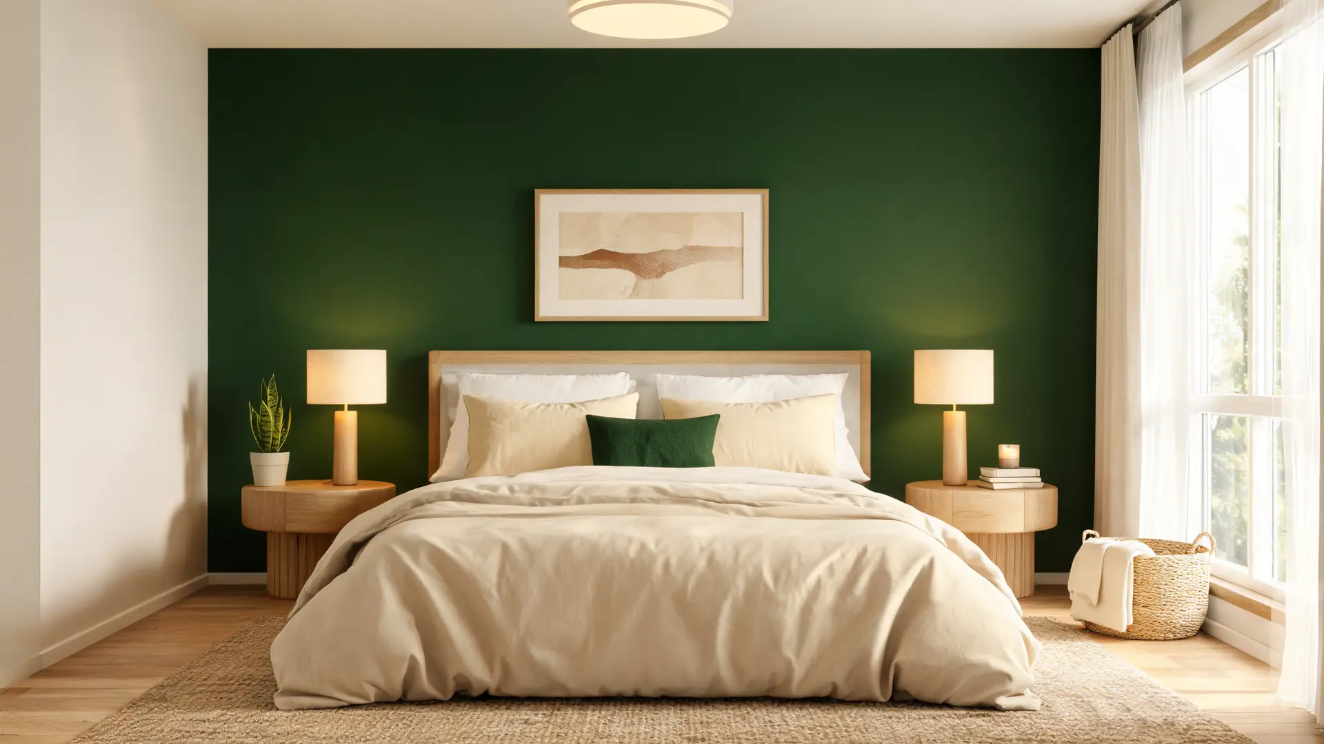 modern bedroom with a stylish accent wall behind the bed, layered bedding, bedside tables, and warm lighting