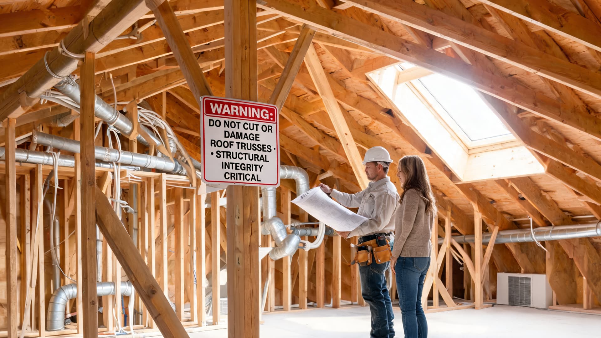 contractor reviews attic plans near roof trusses with a warning sign about structural safety