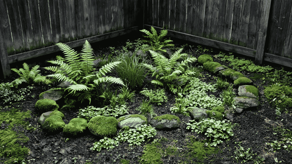 moss and fern feature in damp shaded corner with stones and soft elevated garden view