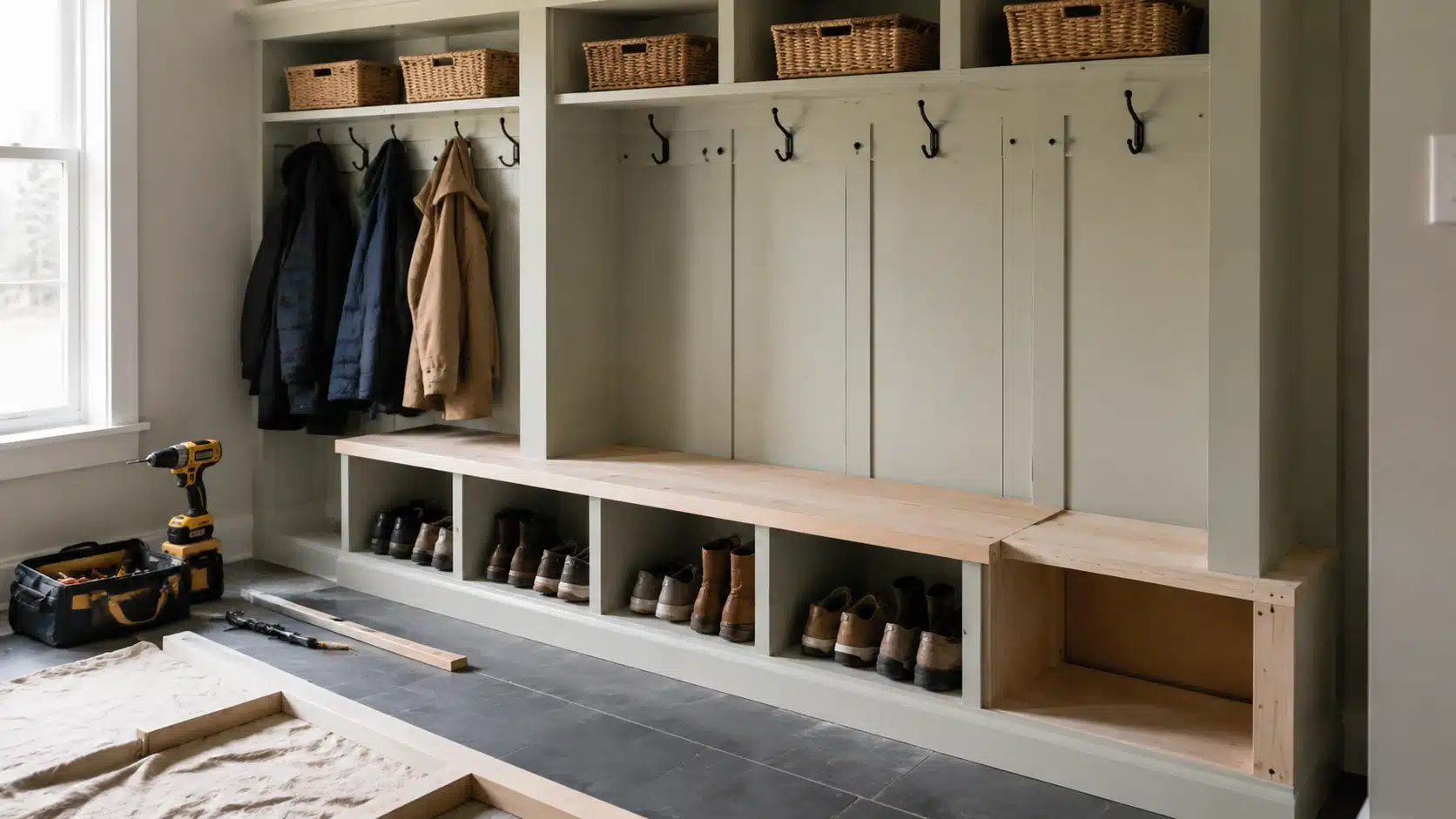 mudroom showing diy home projects with built-in bench, cubbies, hooks, baskets, coats, shoes, and ongoing assembly