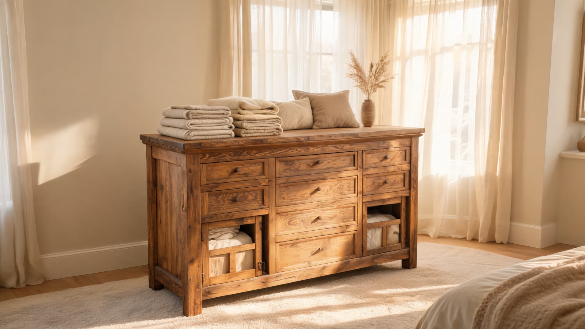 rustic mule chest dresser with drawers and open lower storage in a bright farmhouse bedroom
