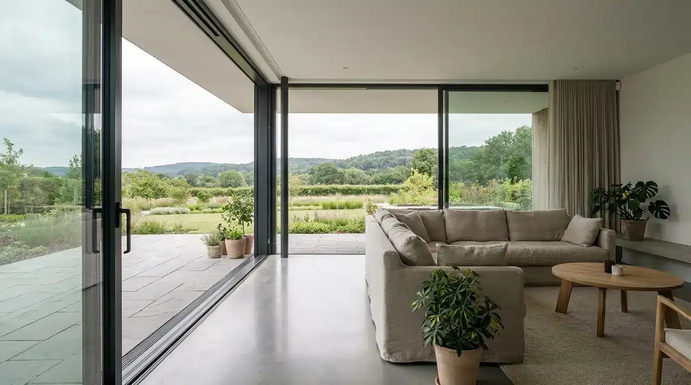 multi slide windows opened to a terrace in a modern home with wide outdoor views