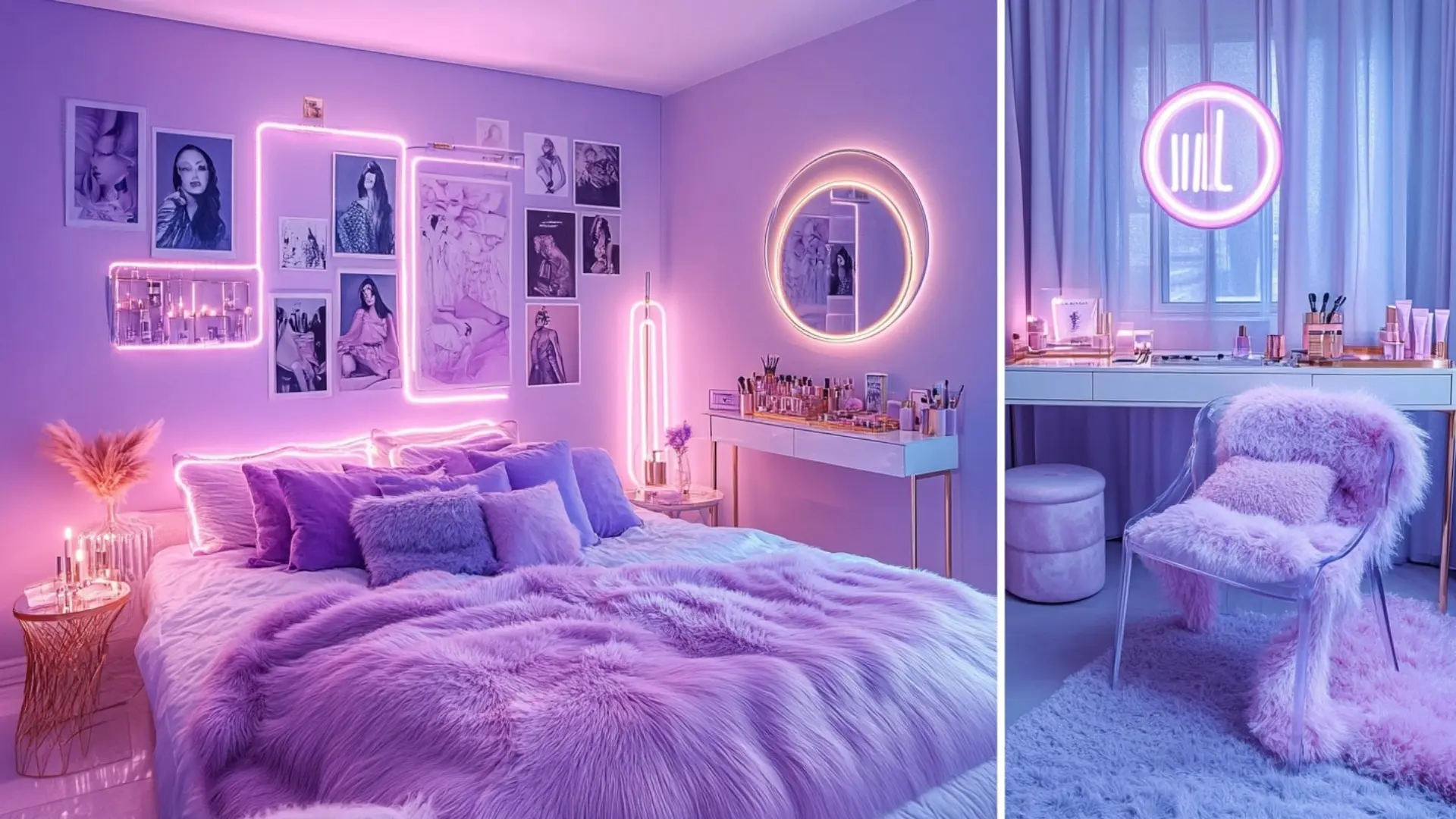 lavender baddie bedroom with pink neon lights, plush faux fur bedding, glam vanity setup, wall art, and soft cozy textures.