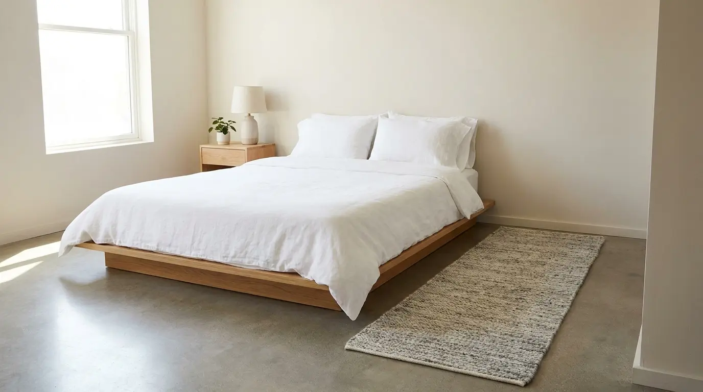 narrow low pile runner rug beside minimalist bedroom bed with bright light and simple decor