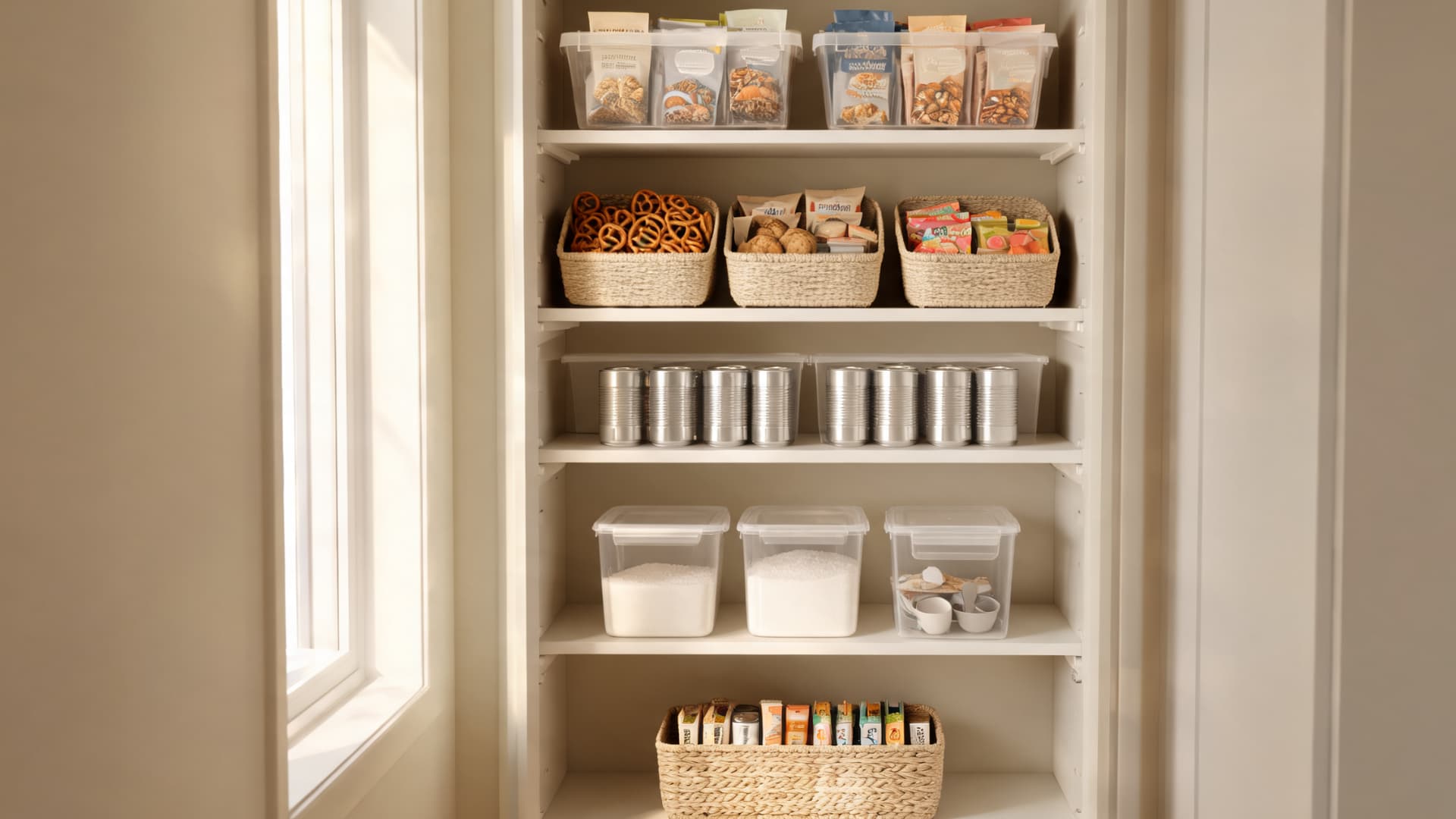 narrow pantry closet with white shelves, woven baskets, clear bins, canned goods, snacks, and dry storage containers